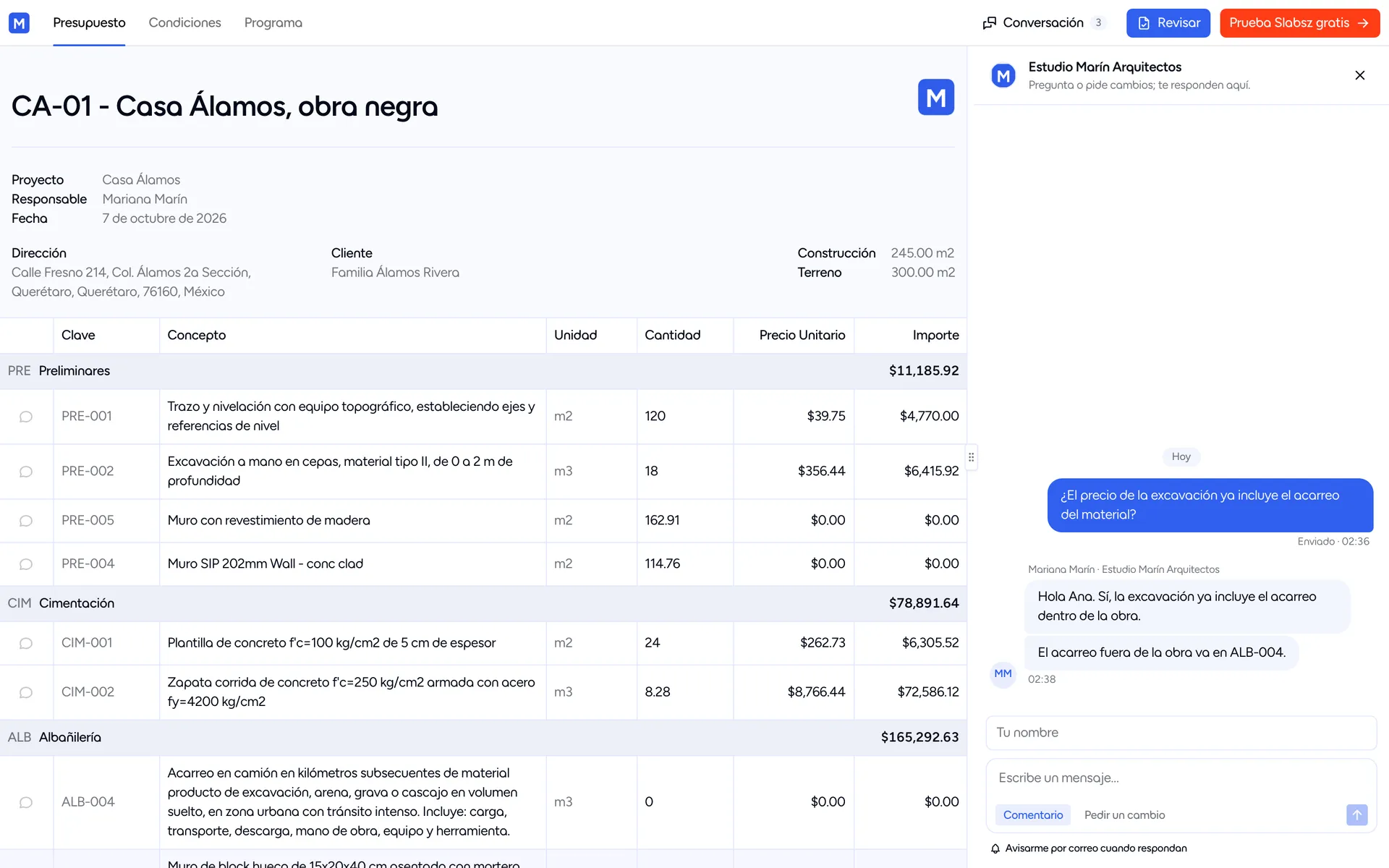 Enlace compartido con las pestañas en el header y la conversación abierta a un lado