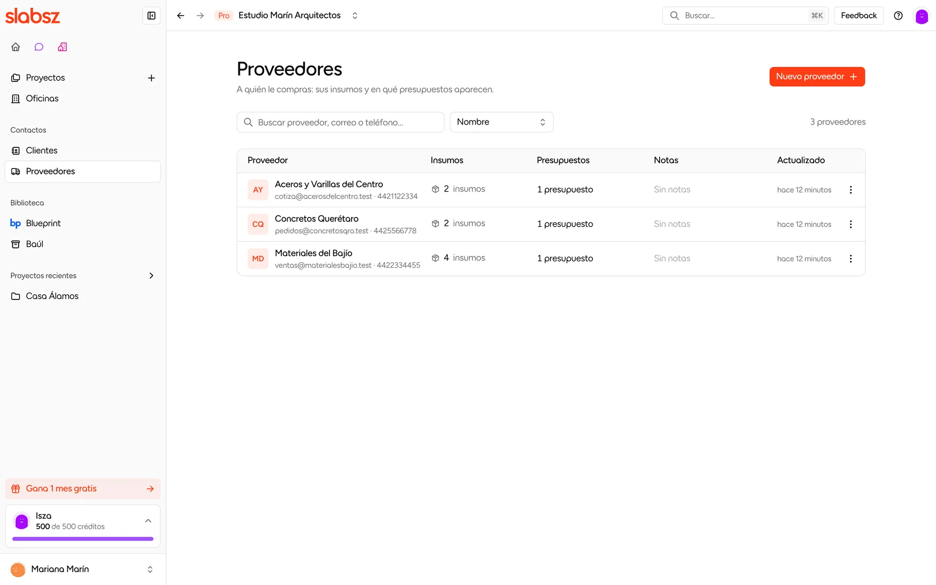 Lista de proveedores