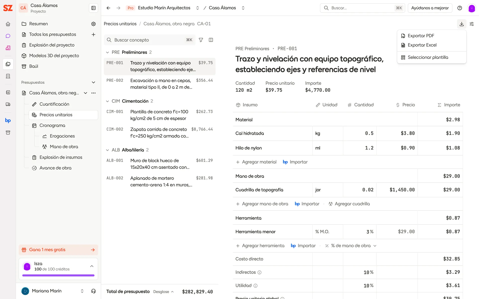 Menú de descarga en Precios unitarios con Exportar PDF, Exportar Excel y Seleccionar plantilla