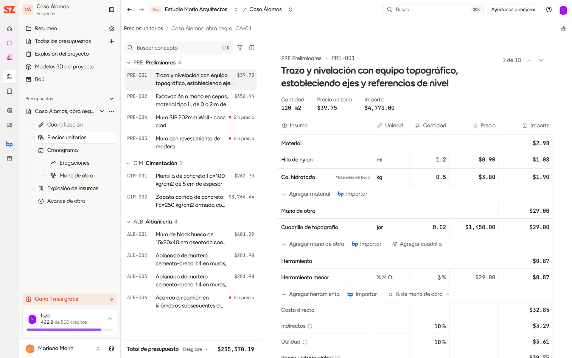 Página Precios unitarios